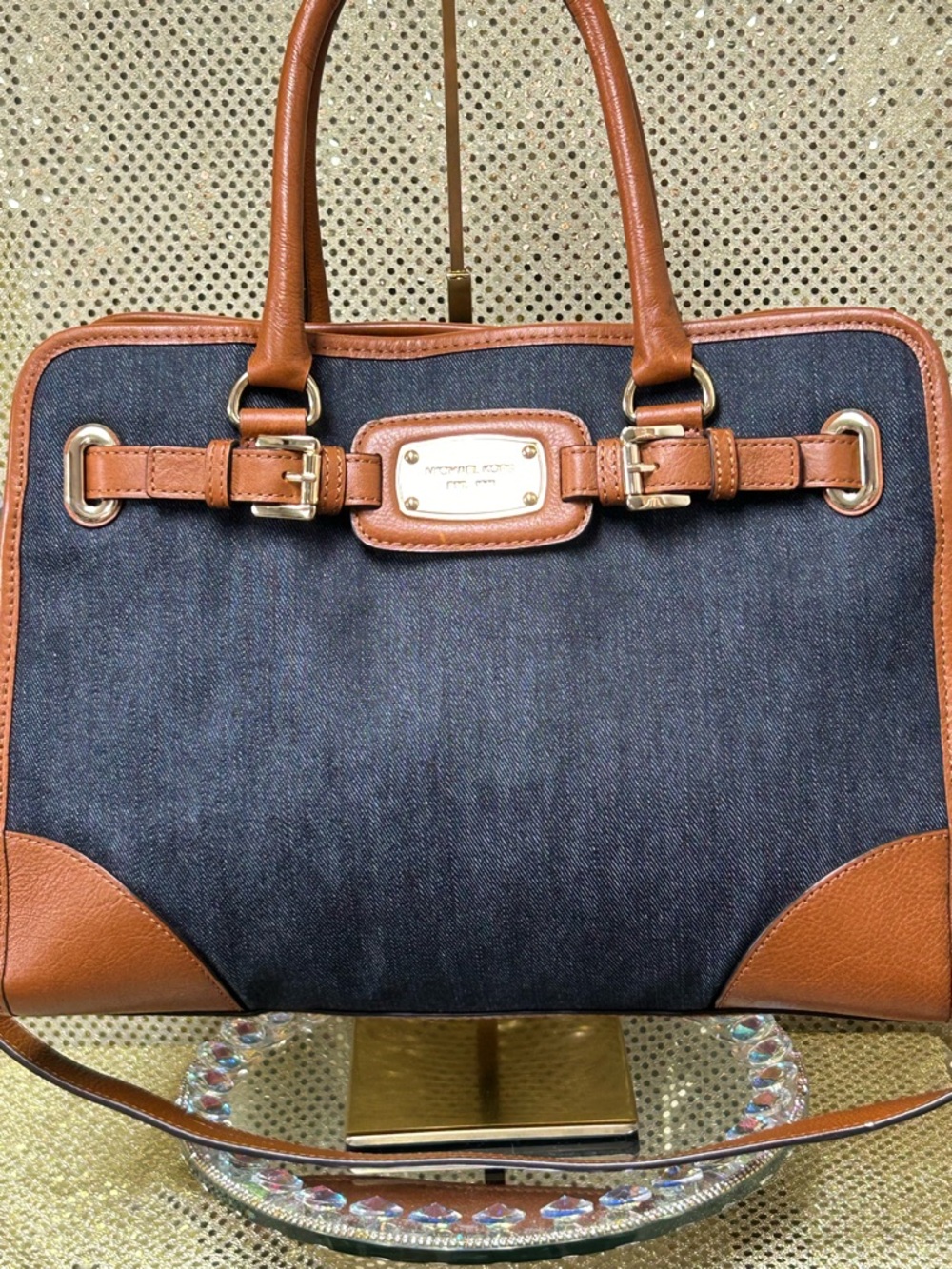 MICHAEL Michael Kors Navy Denim and Brown Leather Tote Approx. 15 x 11 x 4